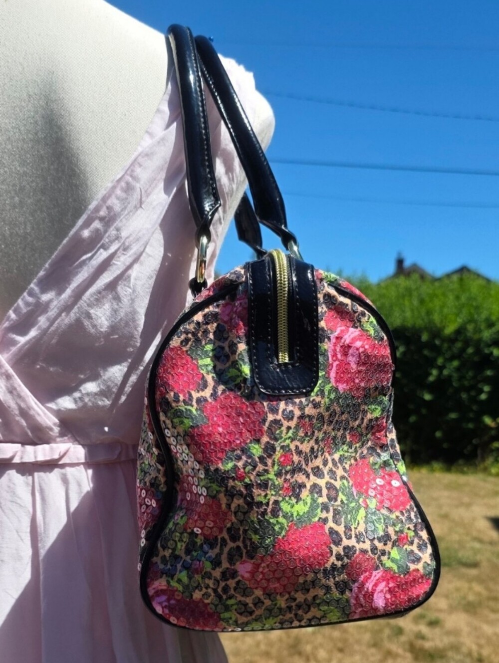 Betsey Johnson Y2K Sequin Leopard Rose Satchel Shoulder Bag Patent Purse - Picture 4 of 15